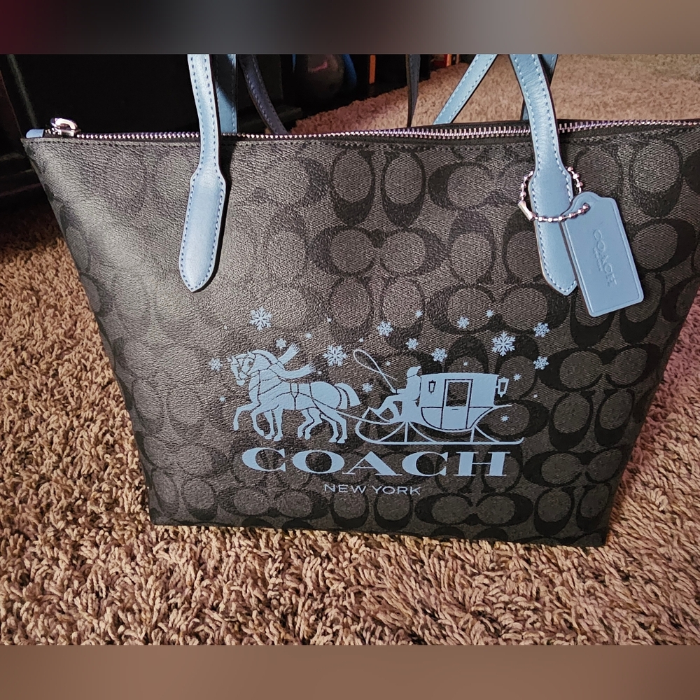 Coach Black Signature Zip Top Tote with Light Blue Horse & Sleigh Motif Winter